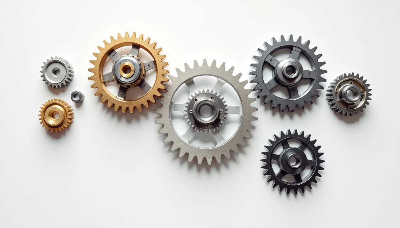 Five interlocking metal gears representing the core components of a self-running content system
