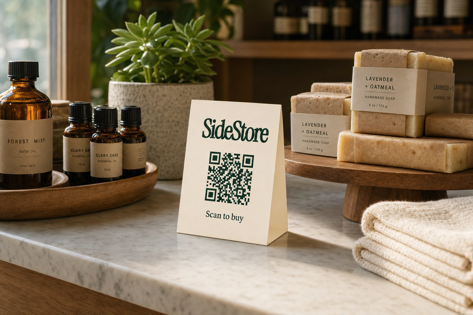 SideStore tent card on a spa wellness counter surrounded by local artisan products including essential oils and handmade soaps