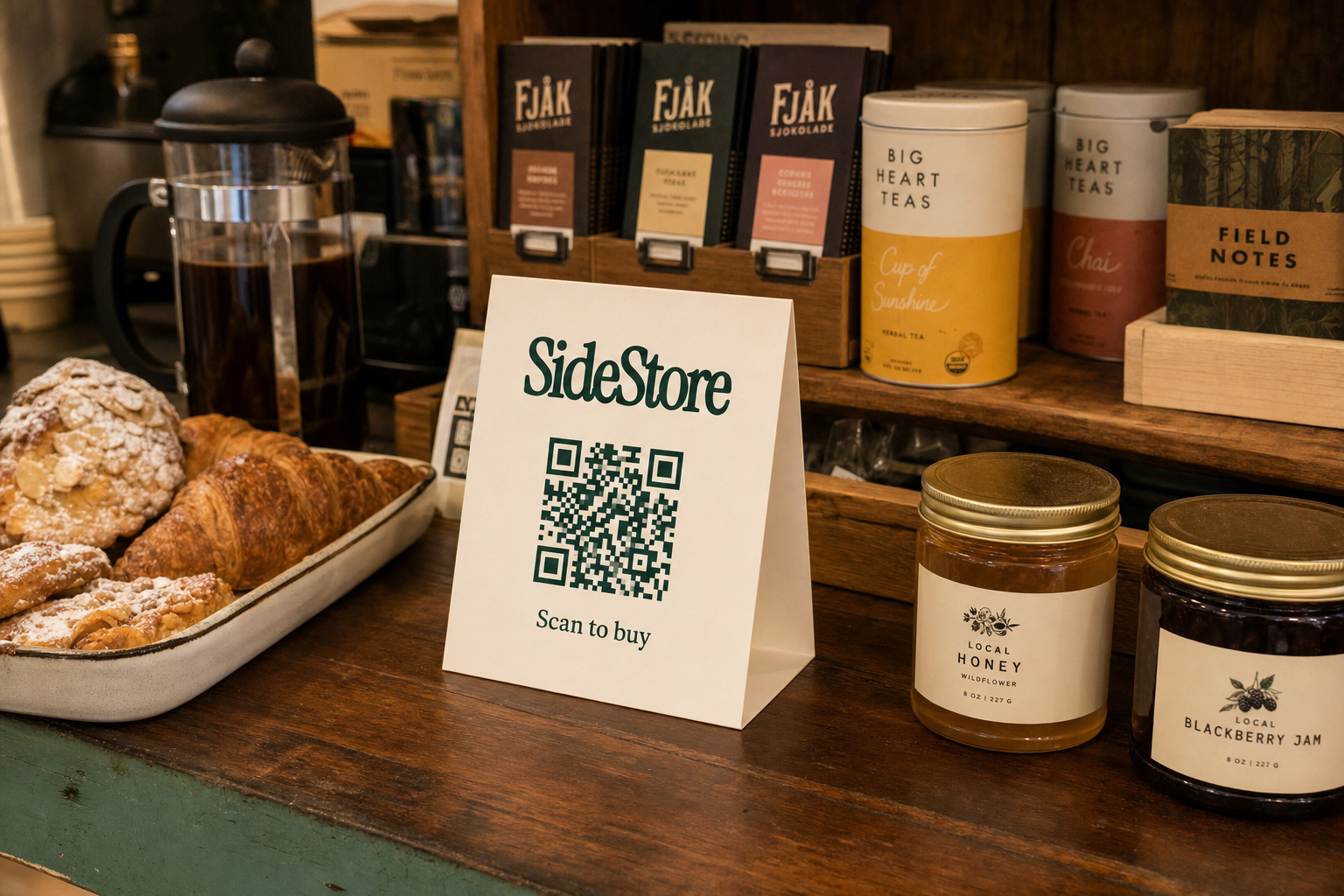 SideStore tent card displayed on a café counter with artisan pastries, coffee, and local food products