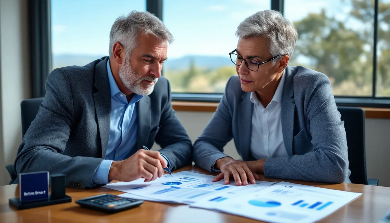 Two professionals in business attire review financial charts and graphs at a table with a mountain landscape visible through the window behind them