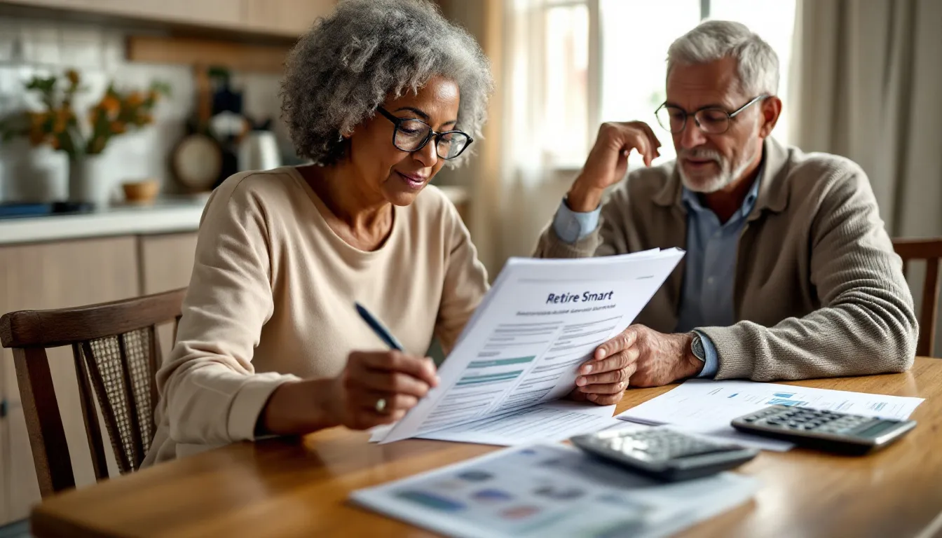 Two people reviewing financial documents titled Retire Smart at a wooden table with calculators and charts