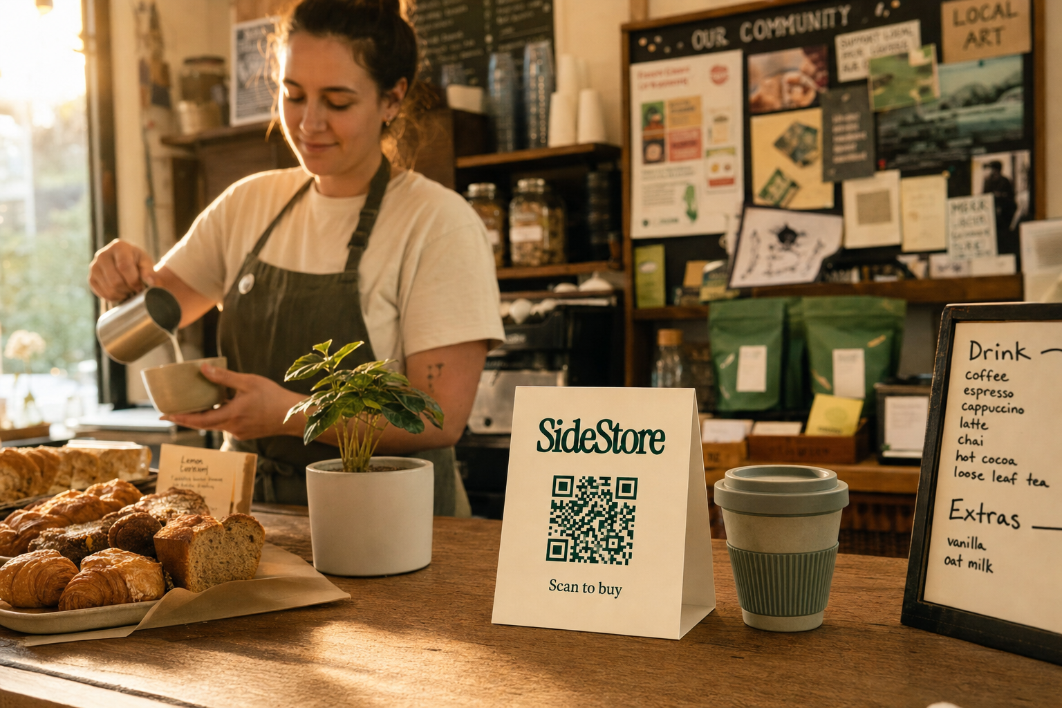 A barista in an apron pours coffee behind a counter displaying pastries, a potted plant, a 