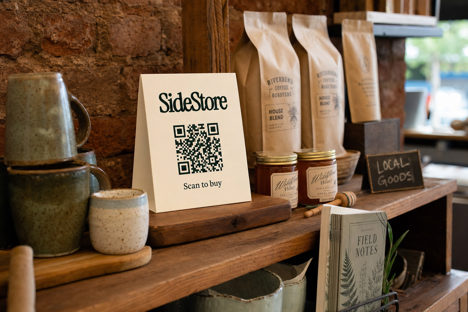 A wooden counter display in a rustic brick shop features a cream-colored 