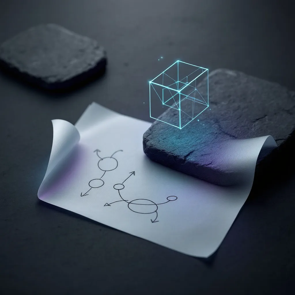 A rolled sheet of paper with hand-drawn network diagrams sits on dark rocks, with a glowing cyan wireframe cube hovering above it