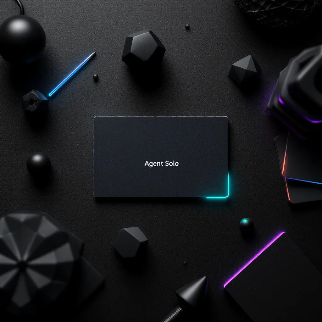 A dark rectangular screen displaying 'Agent Solo' is surrounded by black geometric shapes and glowing neon lines in blue, purple, and cyan colors