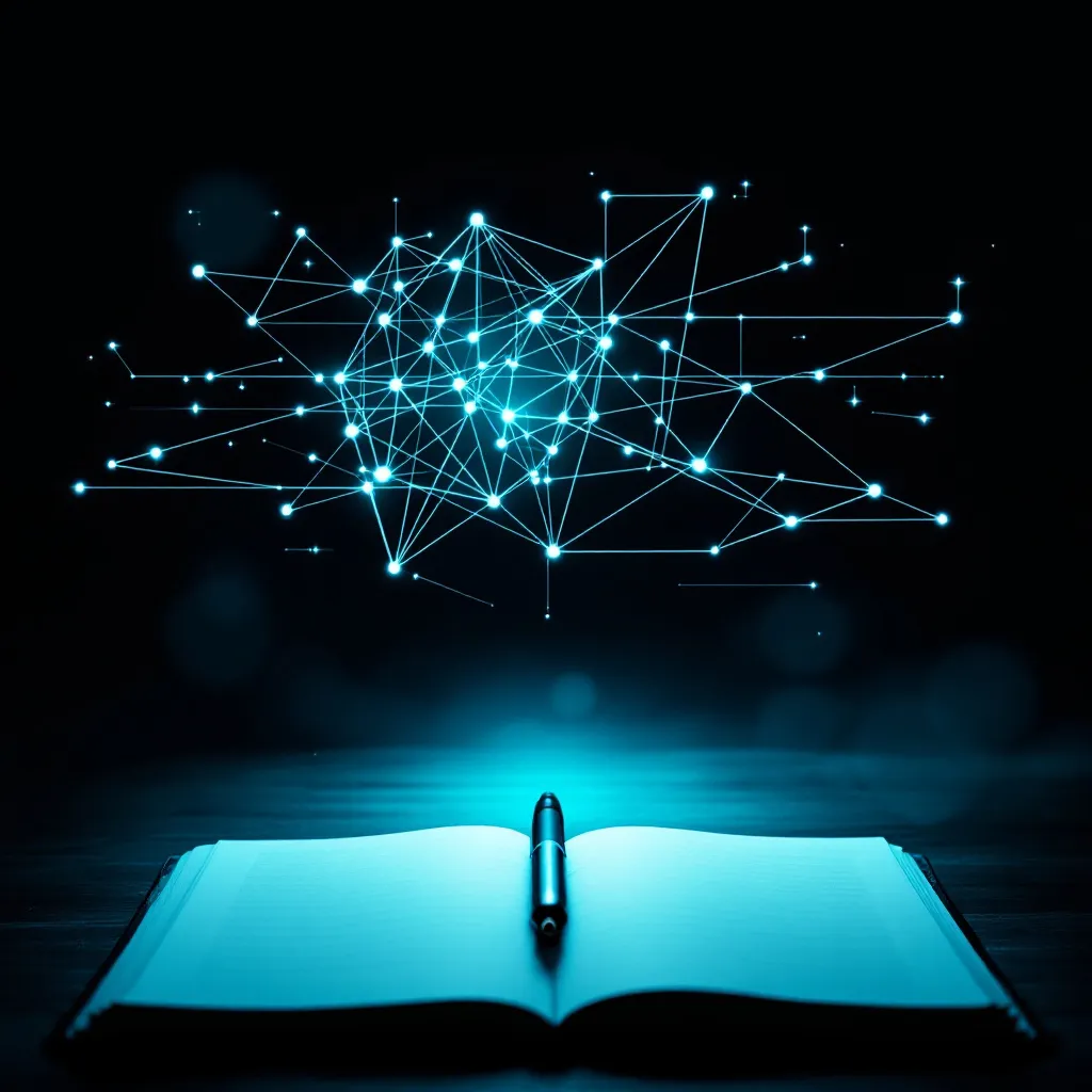 Un carnet ouvert avec un stylo sur ses pages, avec un réseau lumineux de nœuds cyan interconnectés rayonnant vers le haut sur un fond sombre
