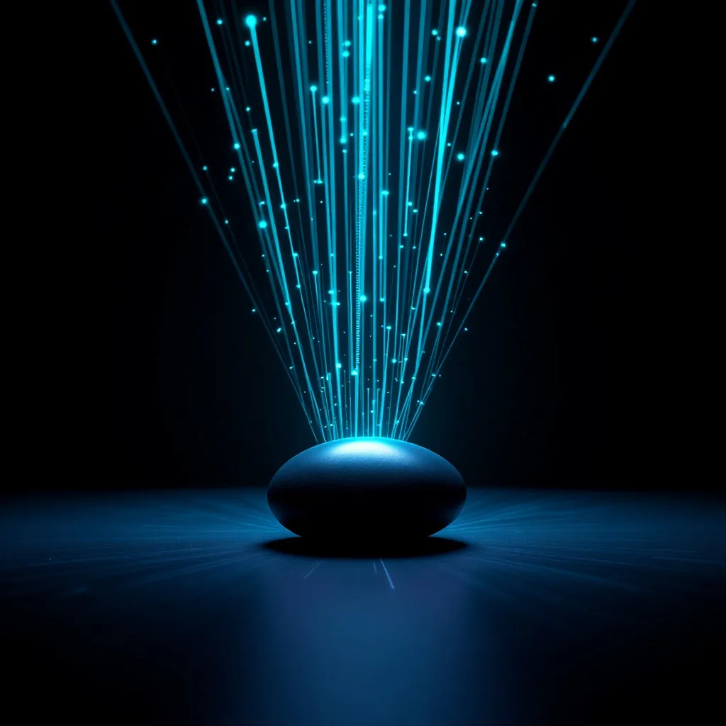 Un objet lumineux en forme de dôme bleu émet des rayons de lumière vers le haut sur un fond sombre