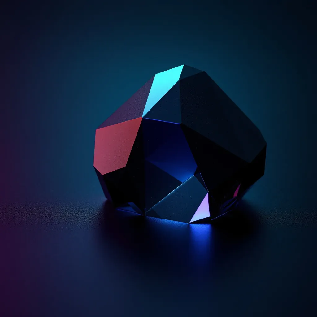 Un polyèdre géométrique aux surfaces facettées en cyan, rouge, bleu et noir sur un fond sombre en dégradé
