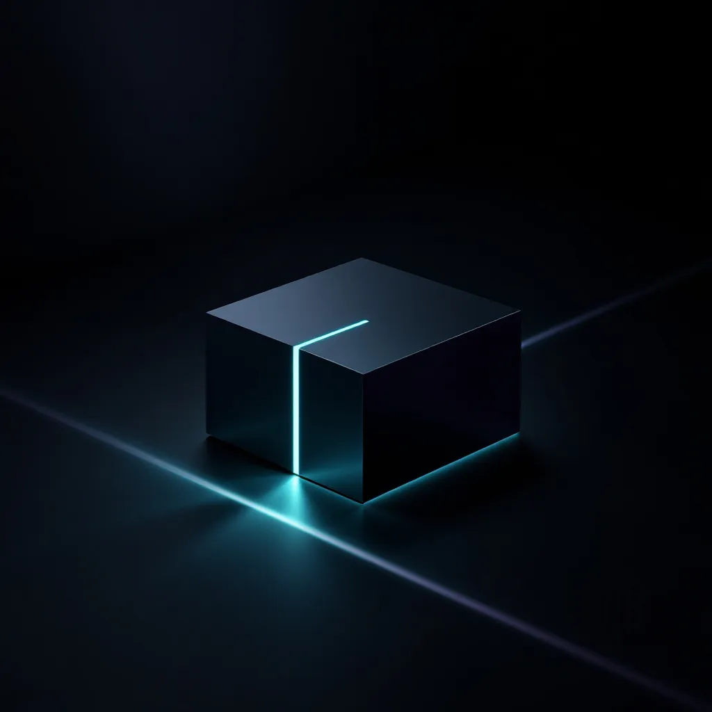Un cube sombre aux arêtes cyan lumineuses posé sur une surface sombre avec une ligne cyan brillante s'étendant en diagonale