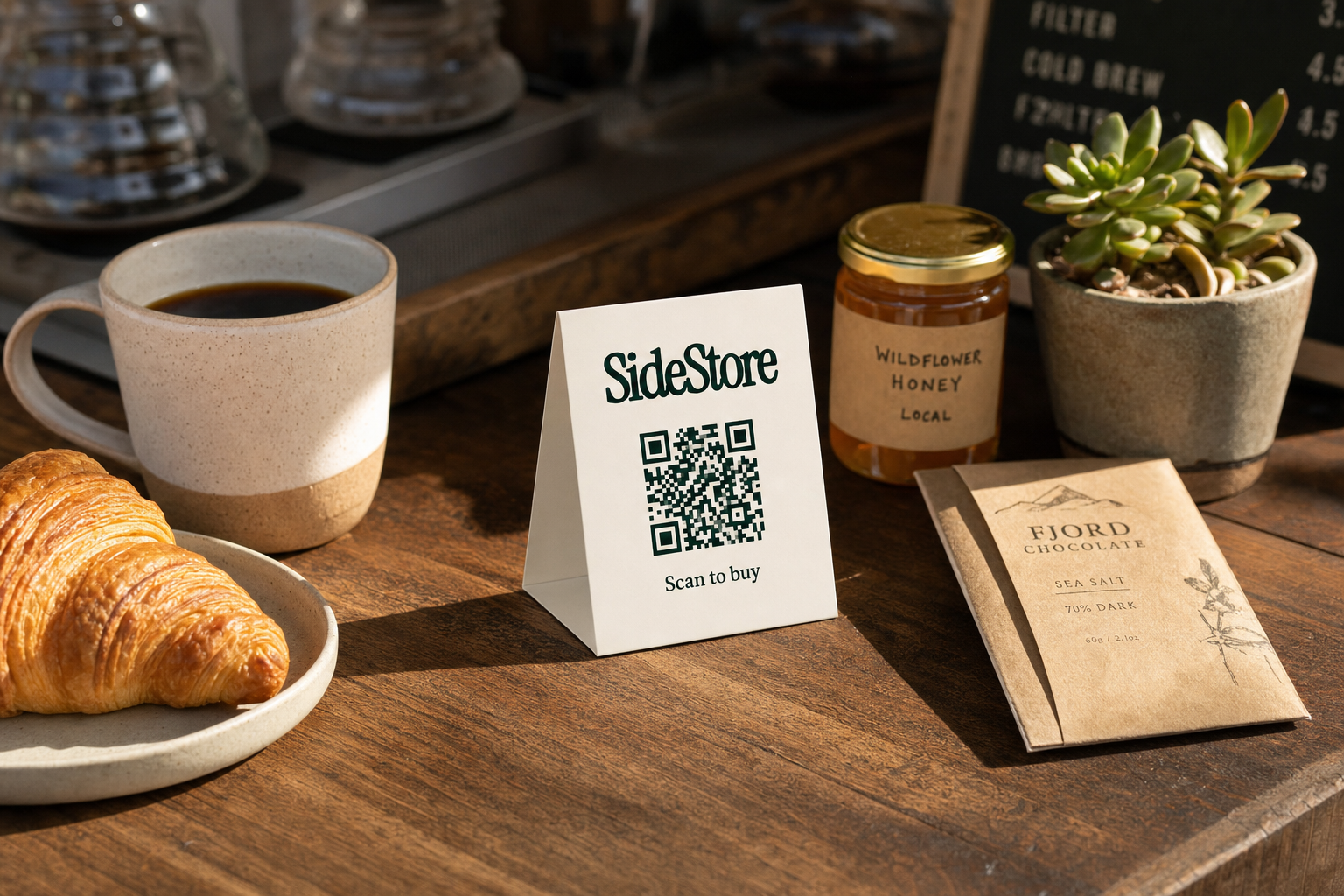 A wooden counter displays a coffee mug with dark coffee, a croissant on a plate, a SideStore tent card with a QR code, a jar of Wildflower H