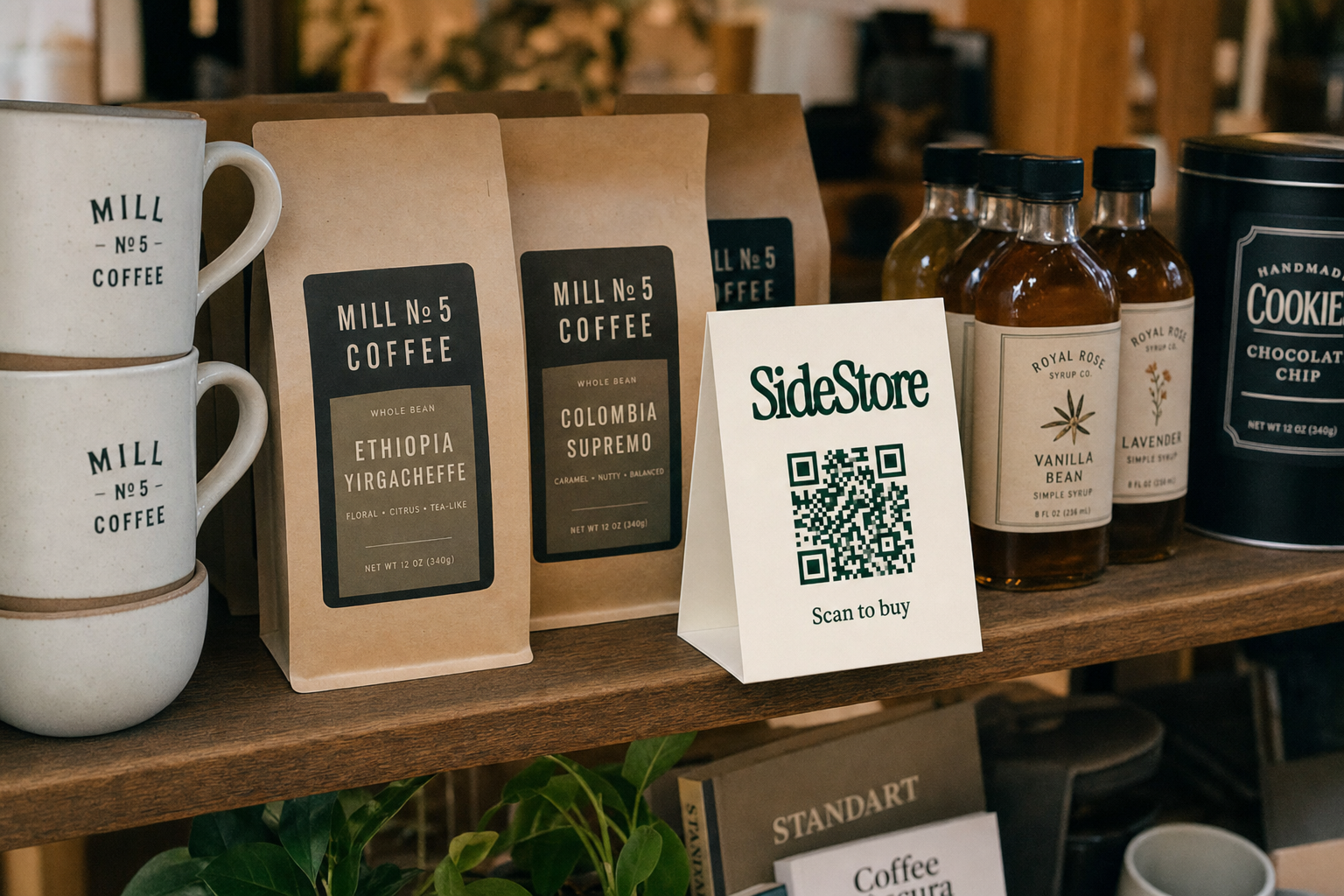 A wooden shelf displays Mill No 5 coffee bags, ceramic mugs, glass bottles of syrup, and a white card with a QR code labeled