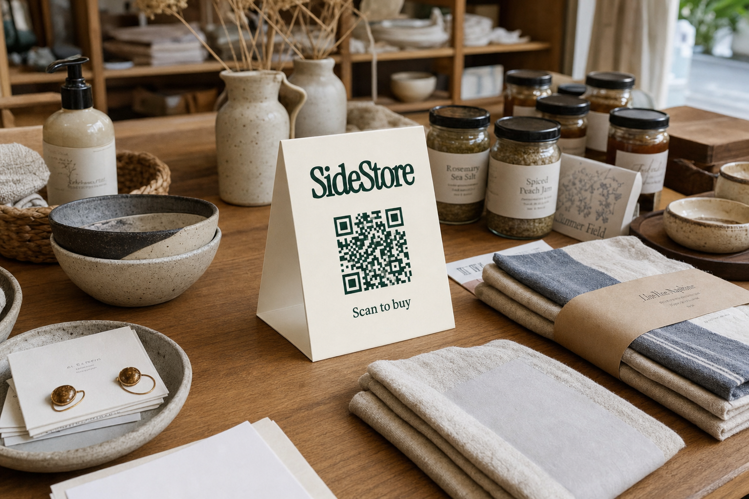 SideStore tent card standing on boutique counter surrounded by artisan handmade products including ceramics and jars