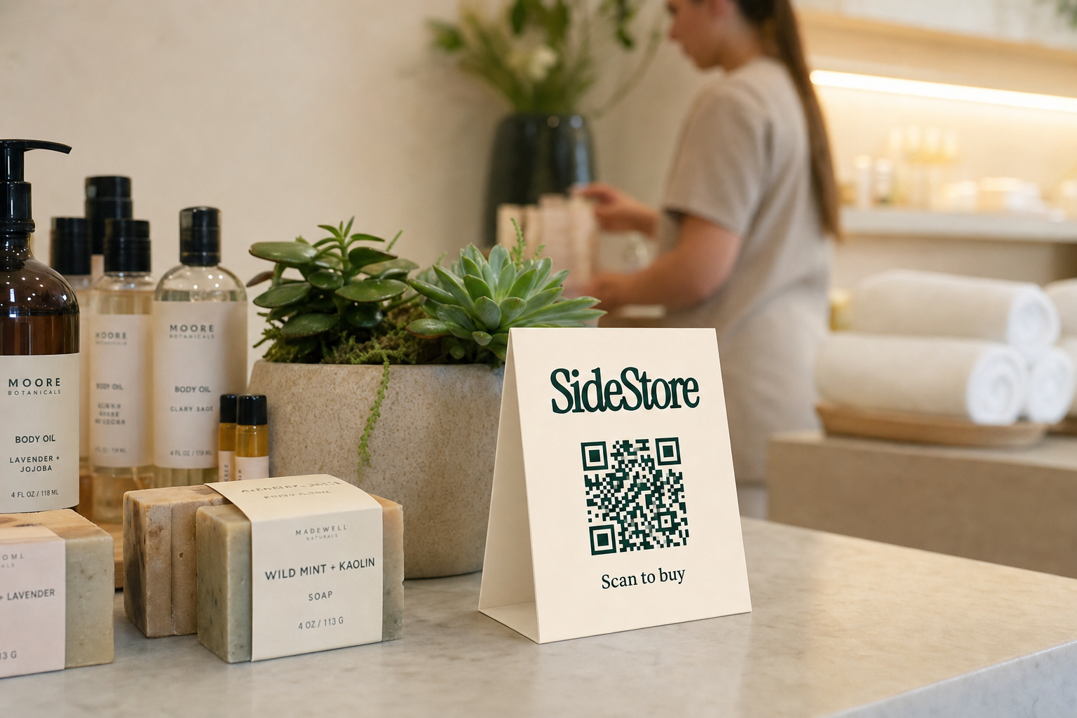 SideStore tent card at spa reception desk beside handmade skincare products and natural goods