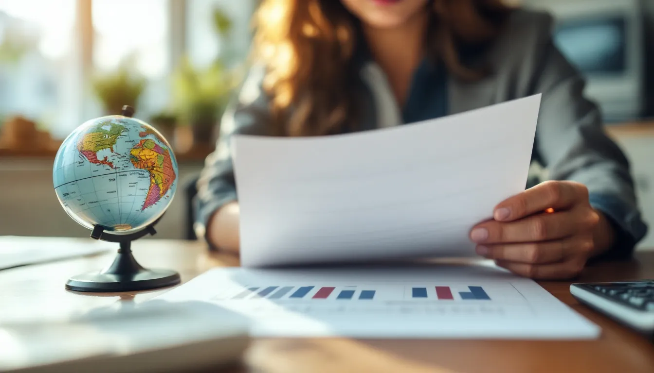 Professional reviewing tax and residency documents at desk with globe showing US and Africa