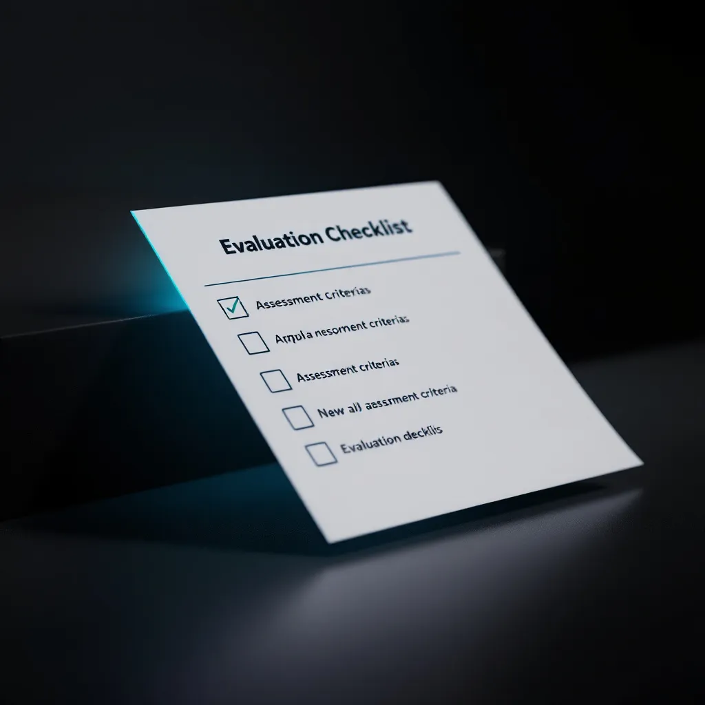 A printed evaluation checklist on a dark surface with one checkbox marked and four unchecked boxes listing various assessment criteria