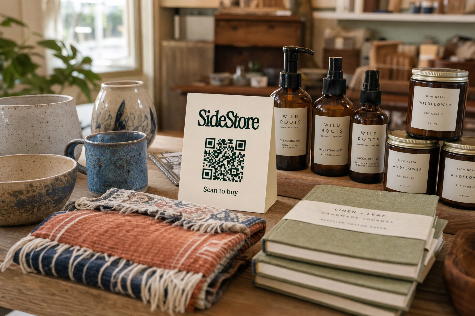 A wooden table displays a SideStore QR code sign next to Wild Roots botanical skincare bottles, Slow North wildflower soy candles, folded te