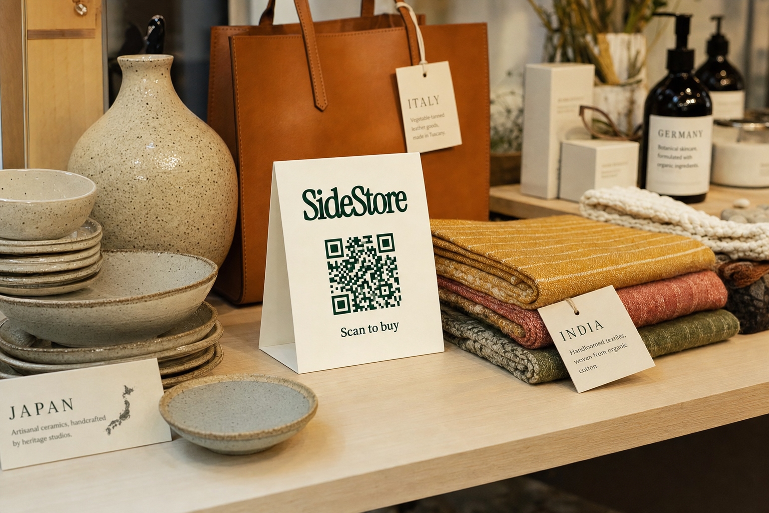 A retail display shelf shows ceramic bowls and vessels, folded textiles in earth tones, black glass bottles, a tan leather tote bag, and a w