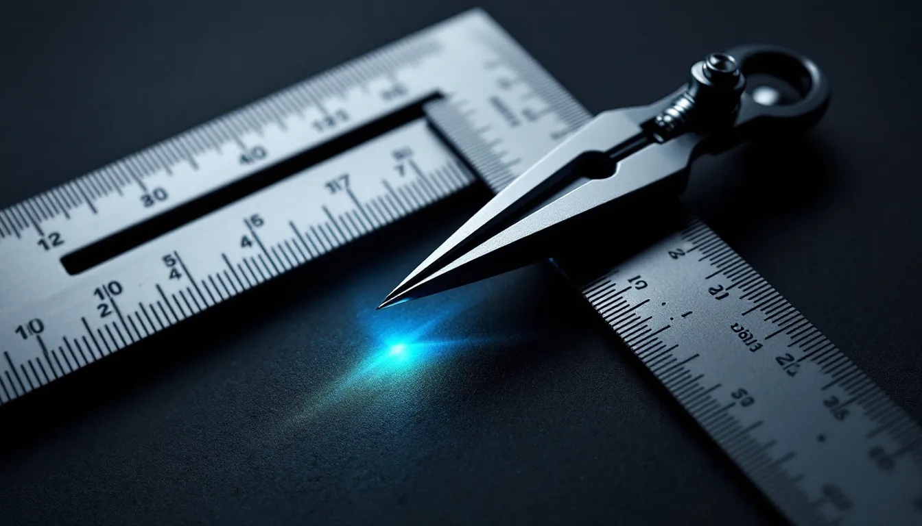 Precision compass and ruler tools with cyan accent glow on dark charcoal surface, representing keyword research foundation