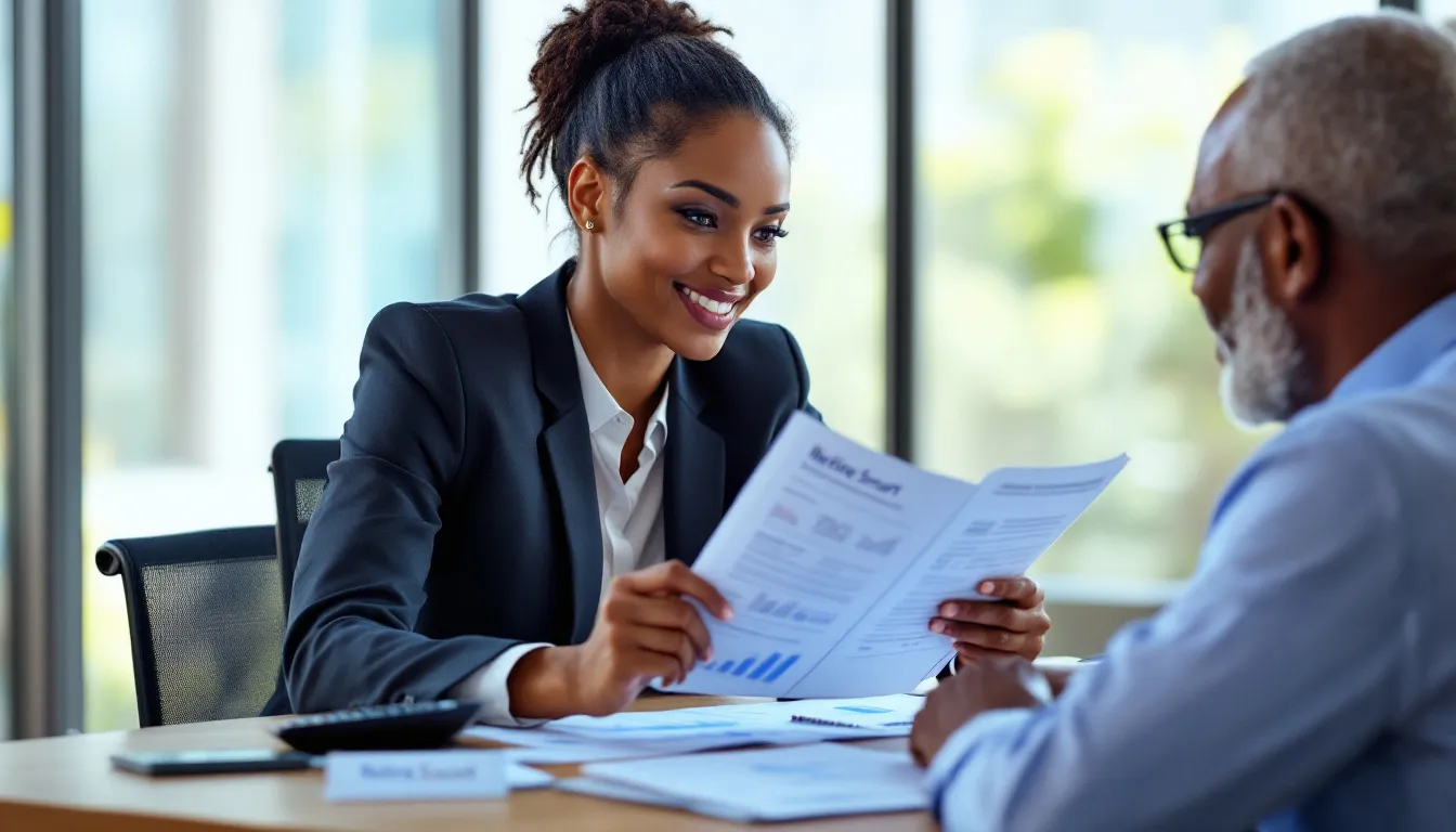 A woman in a black blazer and white shirt reviews a financial document with a man across a desk in a bright office setting