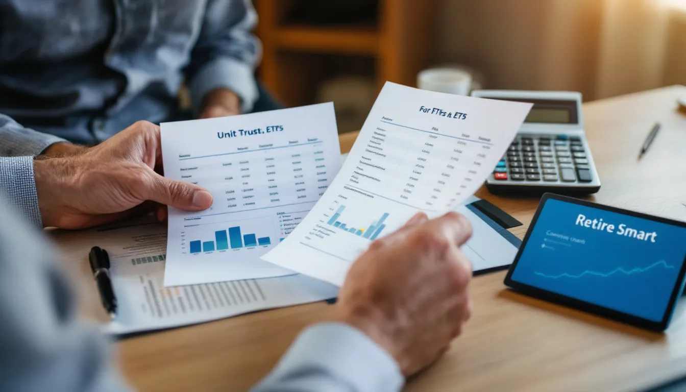 A person holds financial documents labeled 'Unit Trust, ETFs' and 'For ETFs & ETs' with charts and data, while a tablet displaying 'Retire S'