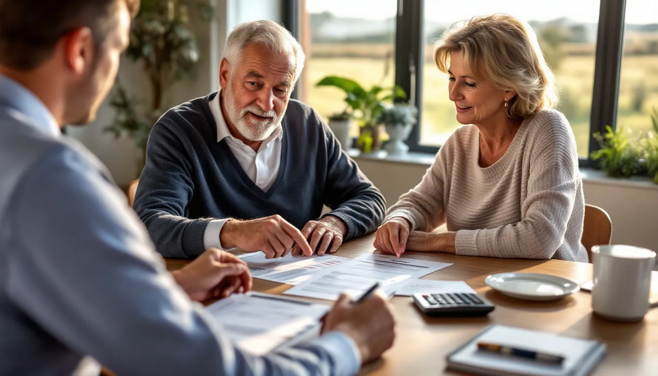 Three people review financial documents together at a wooden table near large windows overlooking a rural landscape, with a calculator and c