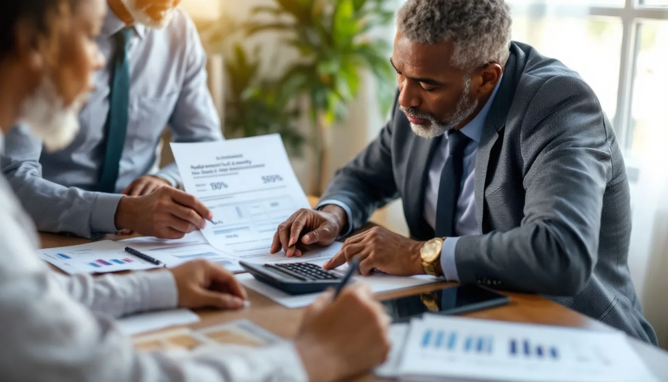 Business professionals review financial documents and charts at a table with a calculator and laptop, illustrating retirement income planning