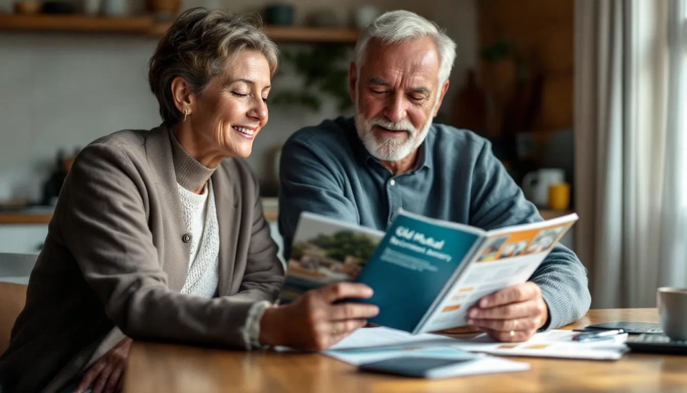 Two older adults sitting at a table reviewing a blue brochure together with other documents and a cup of coffee nearby, planning their retirement