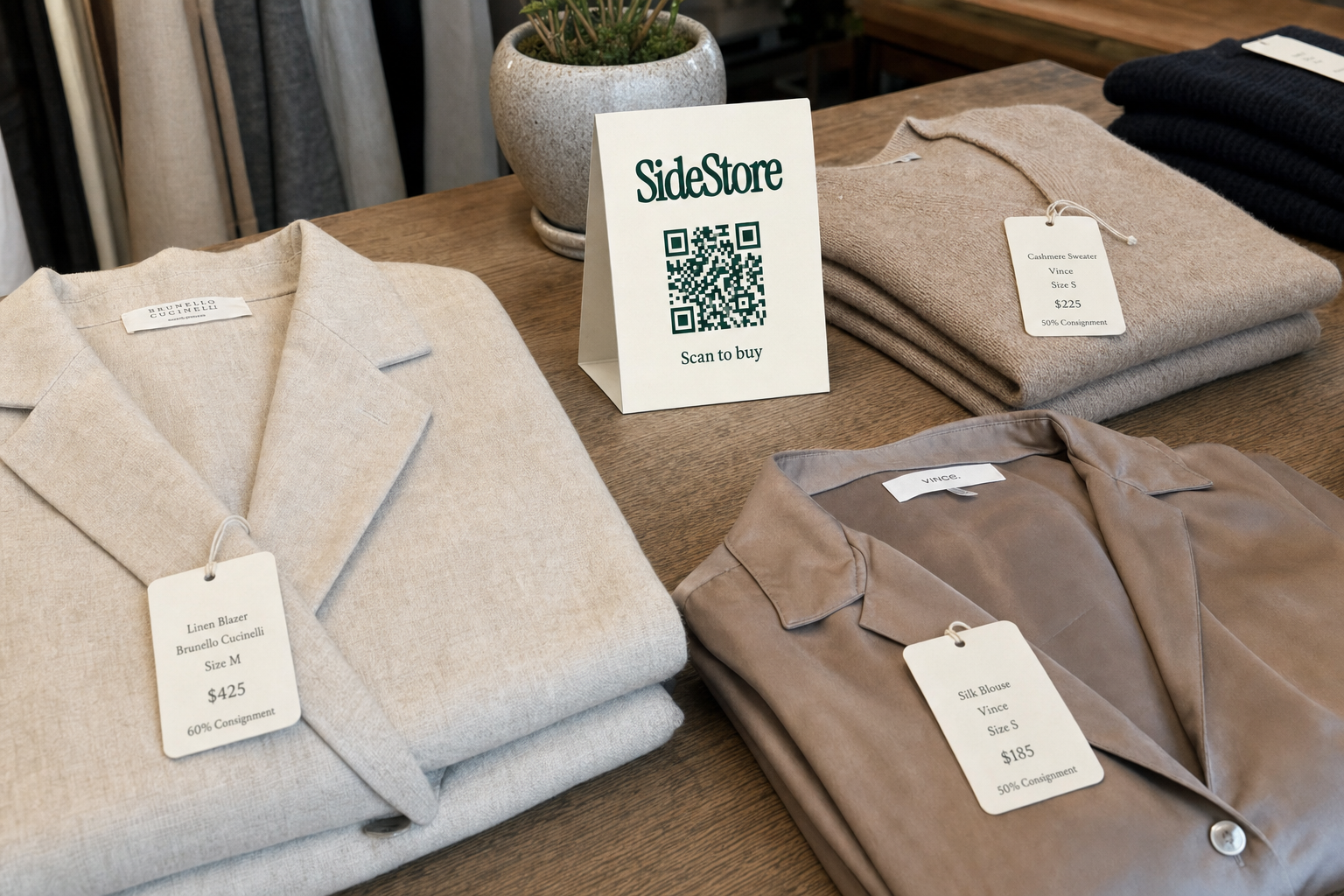 A wooden table displays folded clothing items with price tags, a potted plant, and a white card printed with SideStore and a QR code label