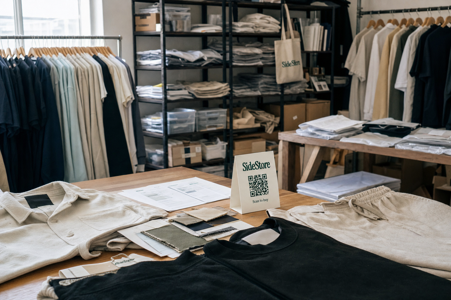 A clothing showroom displays fabric samples, sketches, and garment swatches on a wooden table with a SideStore QR code sign, while racks of clothing hang in the background