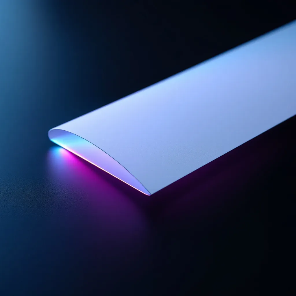 A curved white surface with glowing blue and magenta light underneath against a dark background