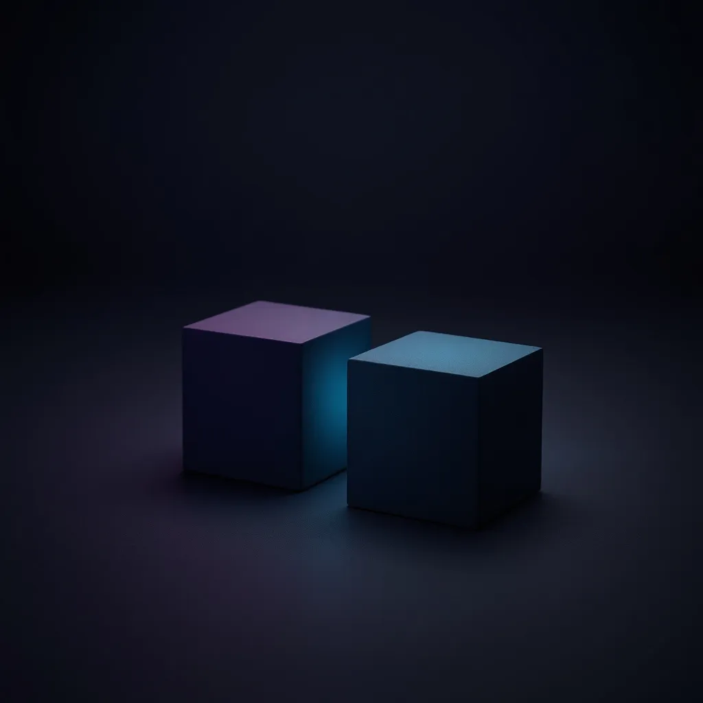 Two dark cubes with glowing colored tops, one purple and one blue, sit on a reflective surface against a dark background