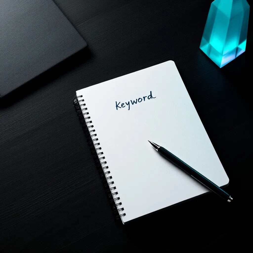 A spiral-bound notebook with the word 'keyword' written on its white page, a black pen resting beside it, on a dark desk surface