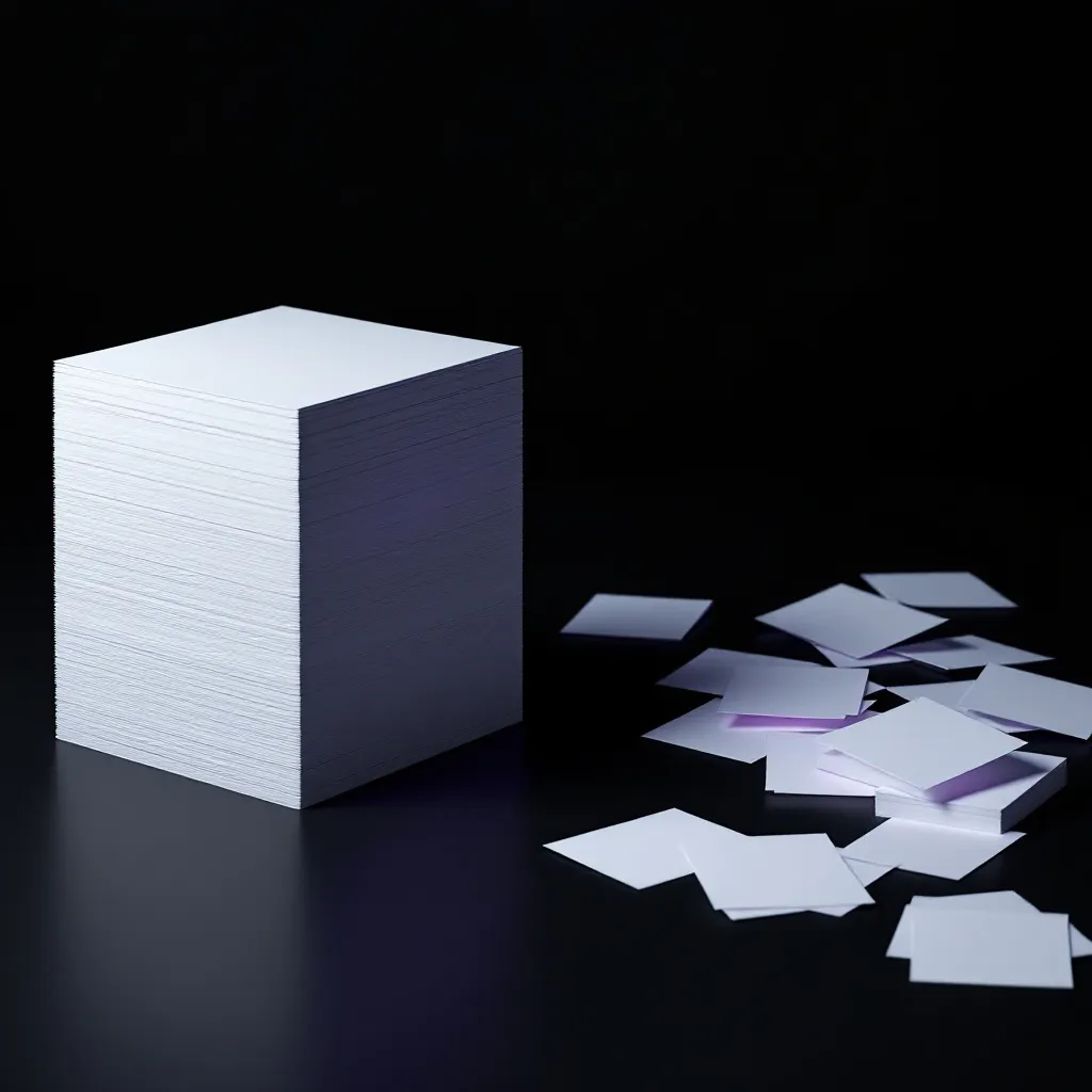 A neat stack of white papers on the left contrasts with scattered papers on the right against a black background