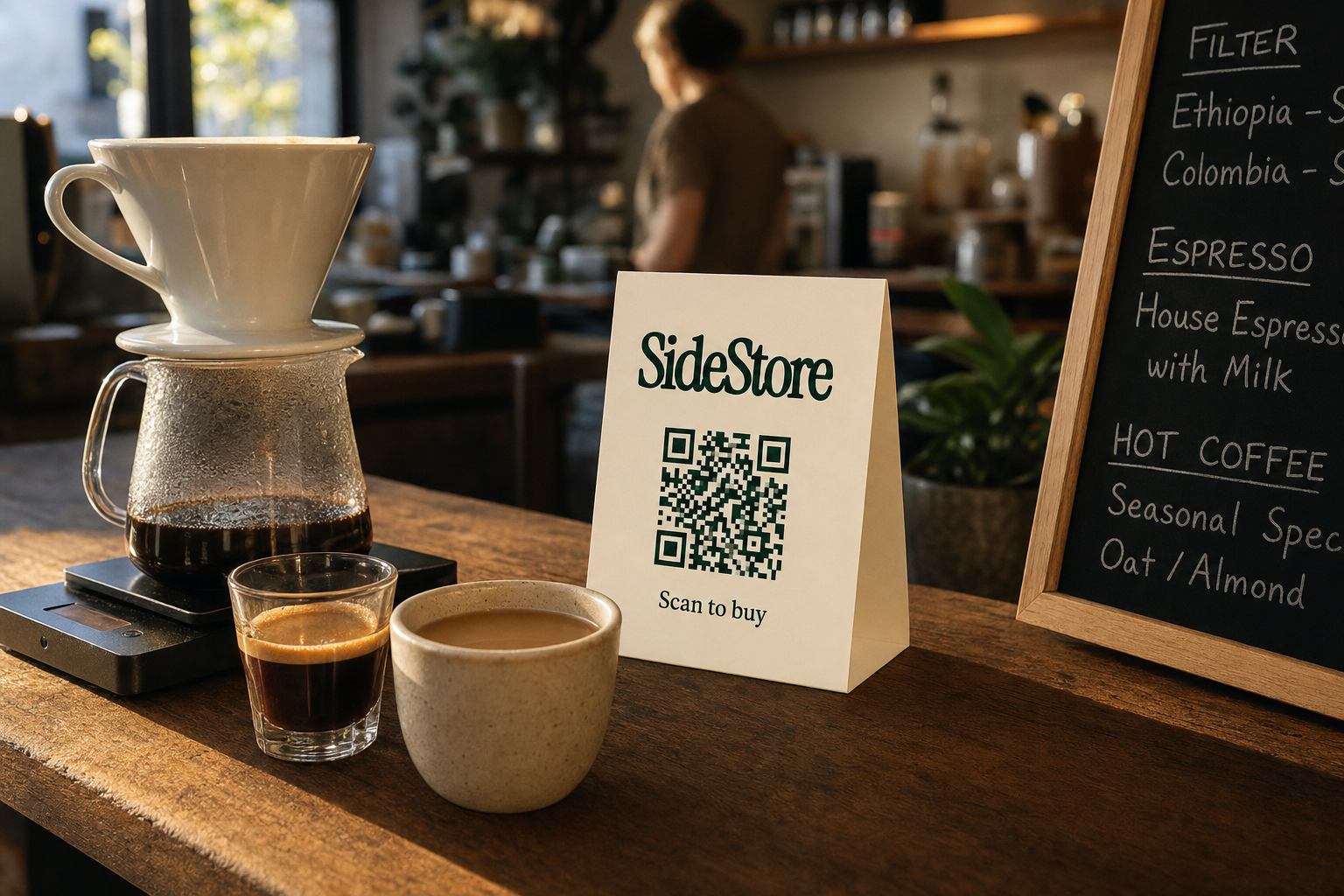 A coffee shop counter displays a pour-over coffee setup with a white ceramic dripper and glass carafe, a small cup of espresso, a ceramic mug