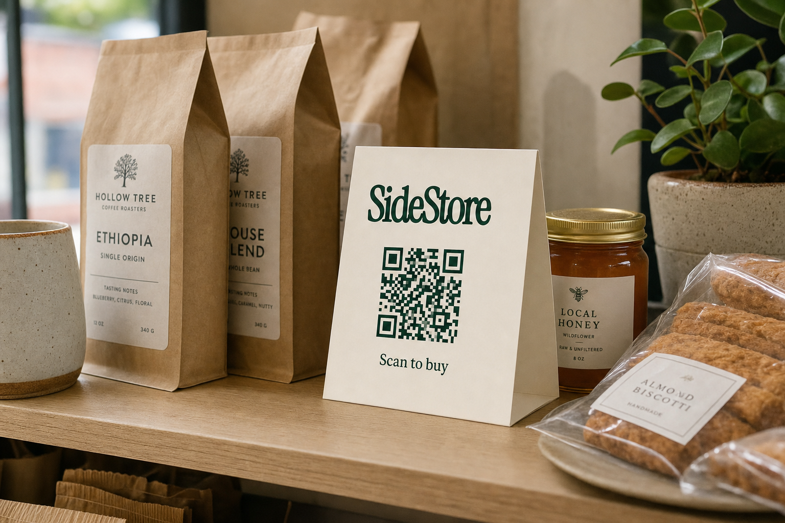 A wooden shelf displays coffee bags from Hollow Tree Coffee Roasters, a SideStore promotional card with a QR code, a jar of local wildflower honey