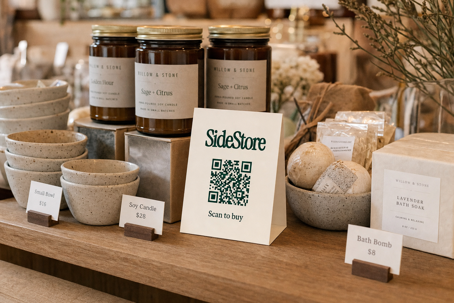 A wooden display table showcases various home goods including ceramic bowls, soy candles in amber glass jars labeled Willow & Stone, bath pr