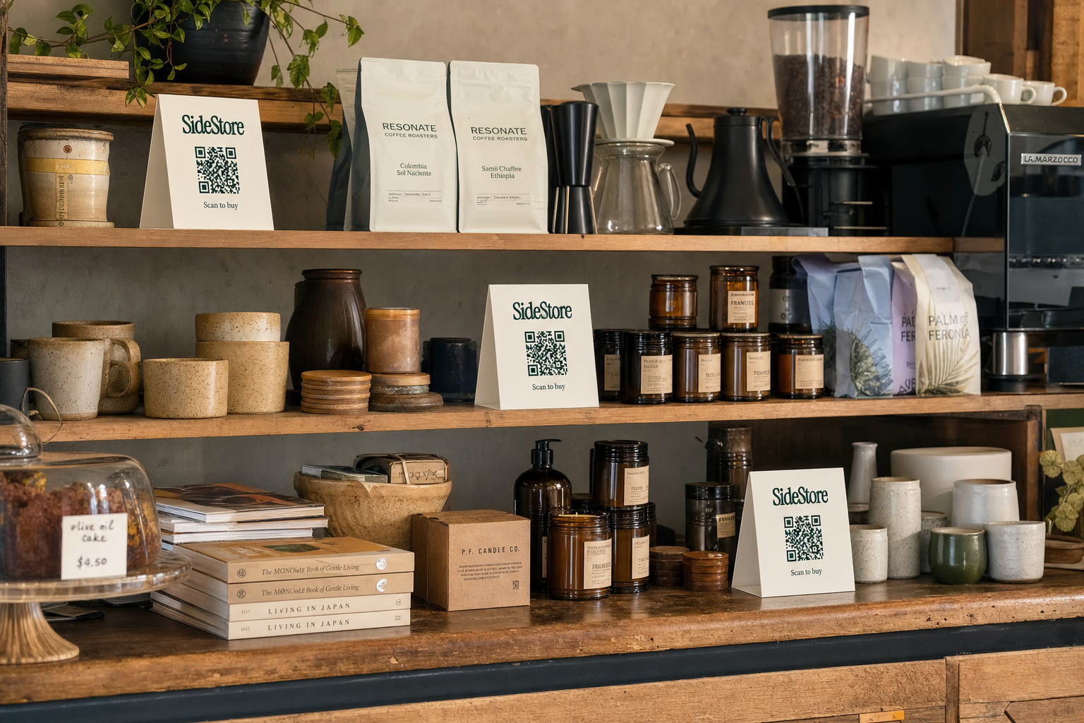 Wooden shelves displaying coffee equipment, candles in glass jars, books, potted plants, and SideStore QR code signs in a retail shop settin