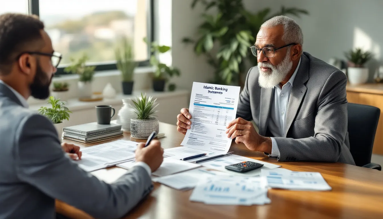 Two men in business attire sit at a wooden desk reviewing an Islamic Banking Systems document during a meeting, with potted plants, books, and a lamp visible