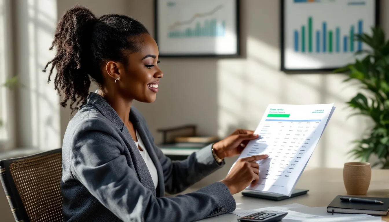 A woman in a gray blazer sits at a desk reviewing a financial report with green bar charts while charts and graphs are displayed on the wall