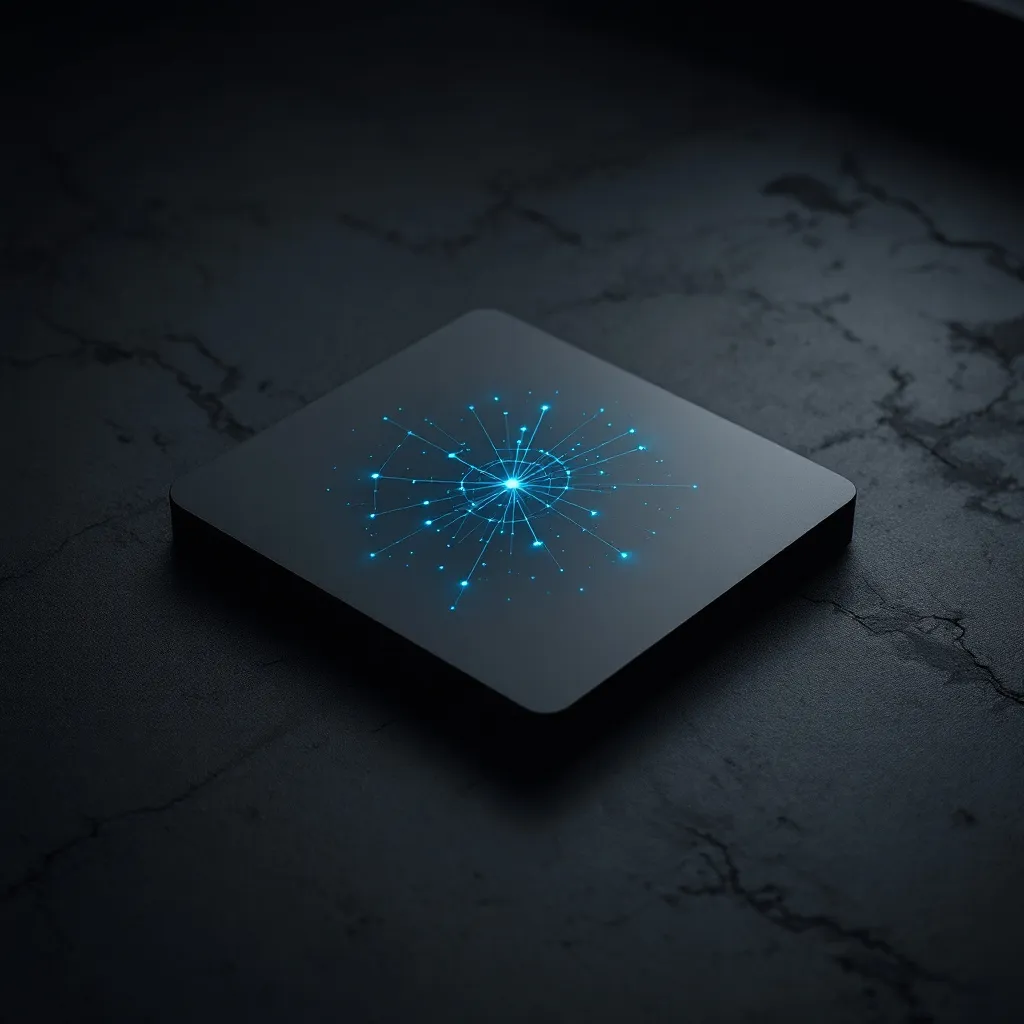 A dark square device displays a glowing blue network diagram with interconnected nodes radiating from a central point, representing keyword relationships and search query connections