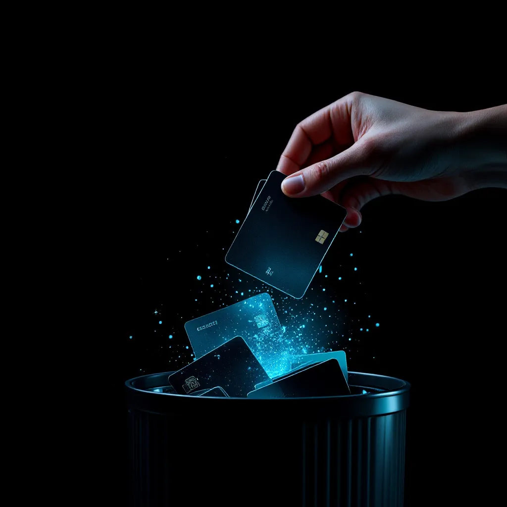 A hand holds a glowing credit card above a trash bin filled with other illuminated payment cards and digital particles against a black backg