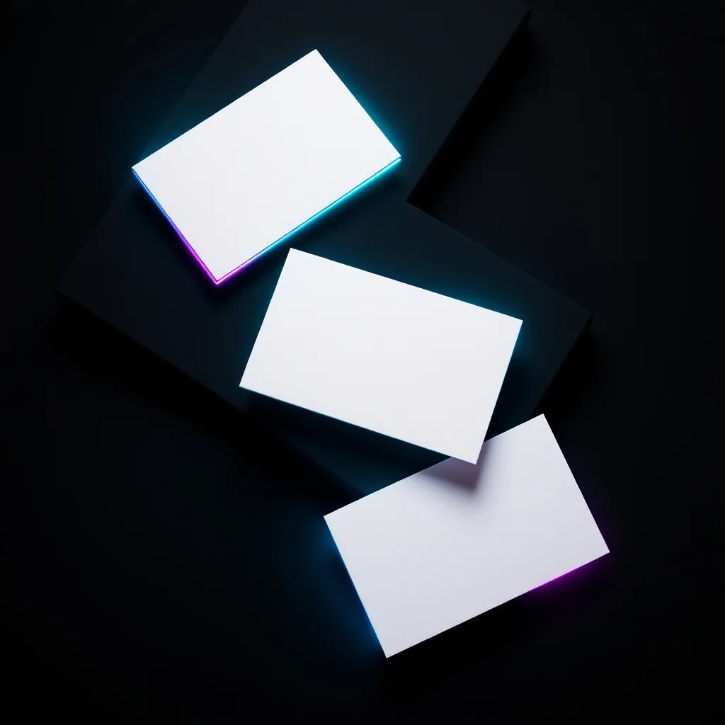 Three white rectangular cards arranged diagonally on a dark background with glowing cyan and purple neon edges
