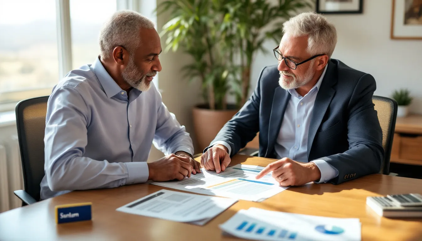 Two financial advisers review retirement annuity documents and fund performance charts at a wooden desk with a laptop and calculator visible