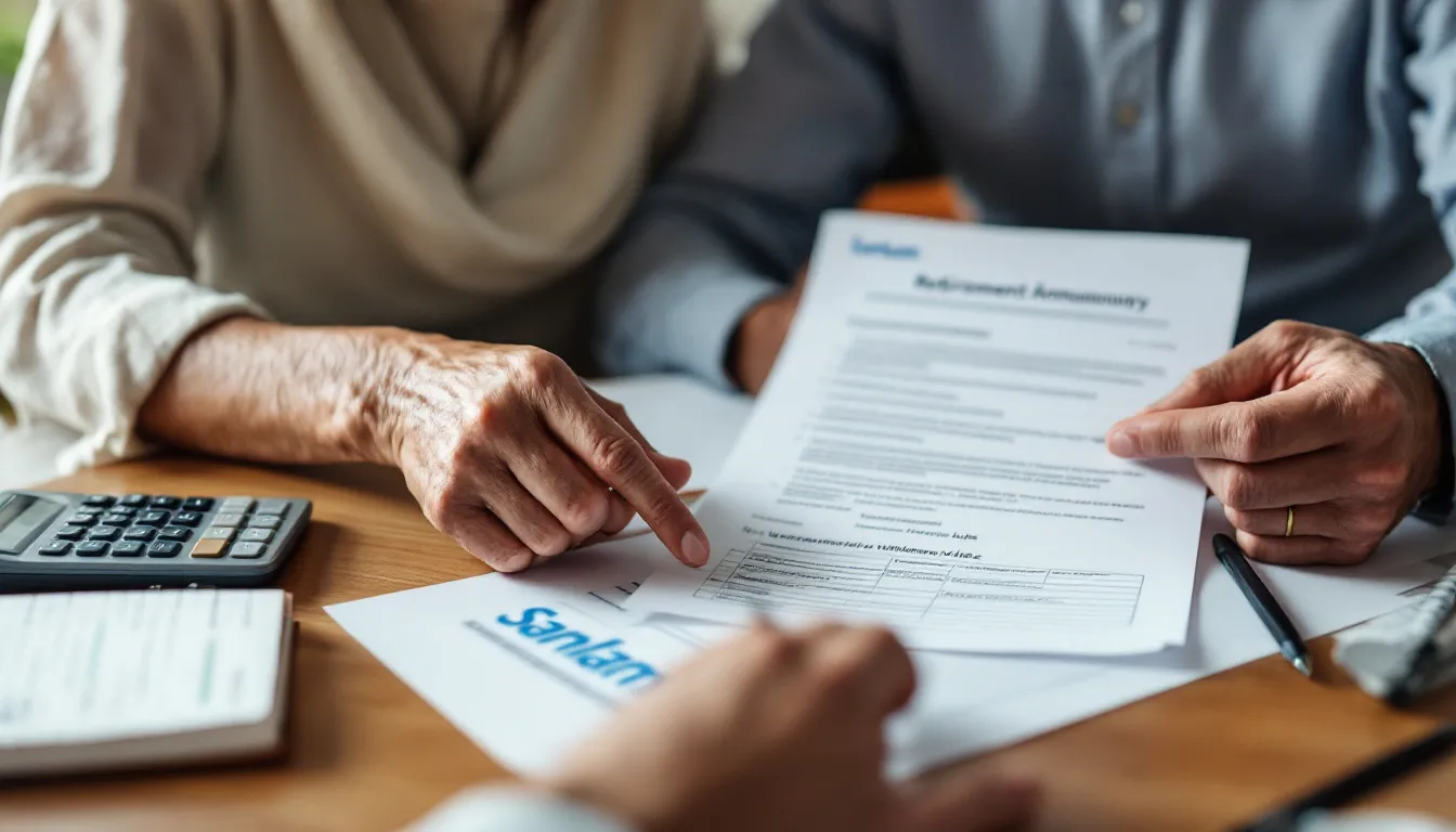 Retirement planning meeting where an adviser and client discuss fund withdrawal options and retirement income strategy at a desk with financial documents