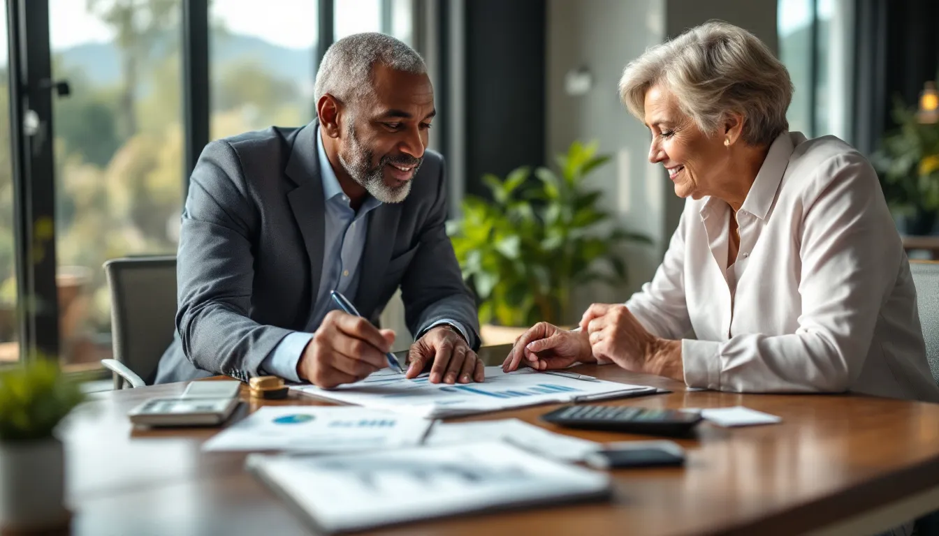 Two professionals review financial documents and charts together at a wooden desk in a bright office, analyzing retirement planning strategies and investment allocation charts