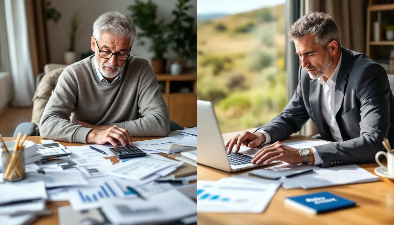 Financial professional and client review retirement planning documents and investment charts side by side at office desk