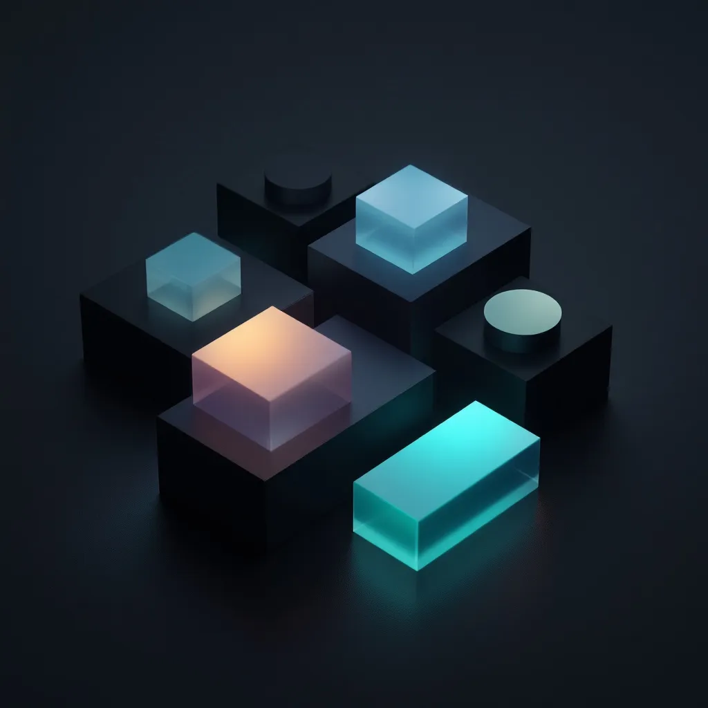Isometric 3D illustration showing various geometric shapes in blue and teal tones arranged on dark platforms against a dark background, with