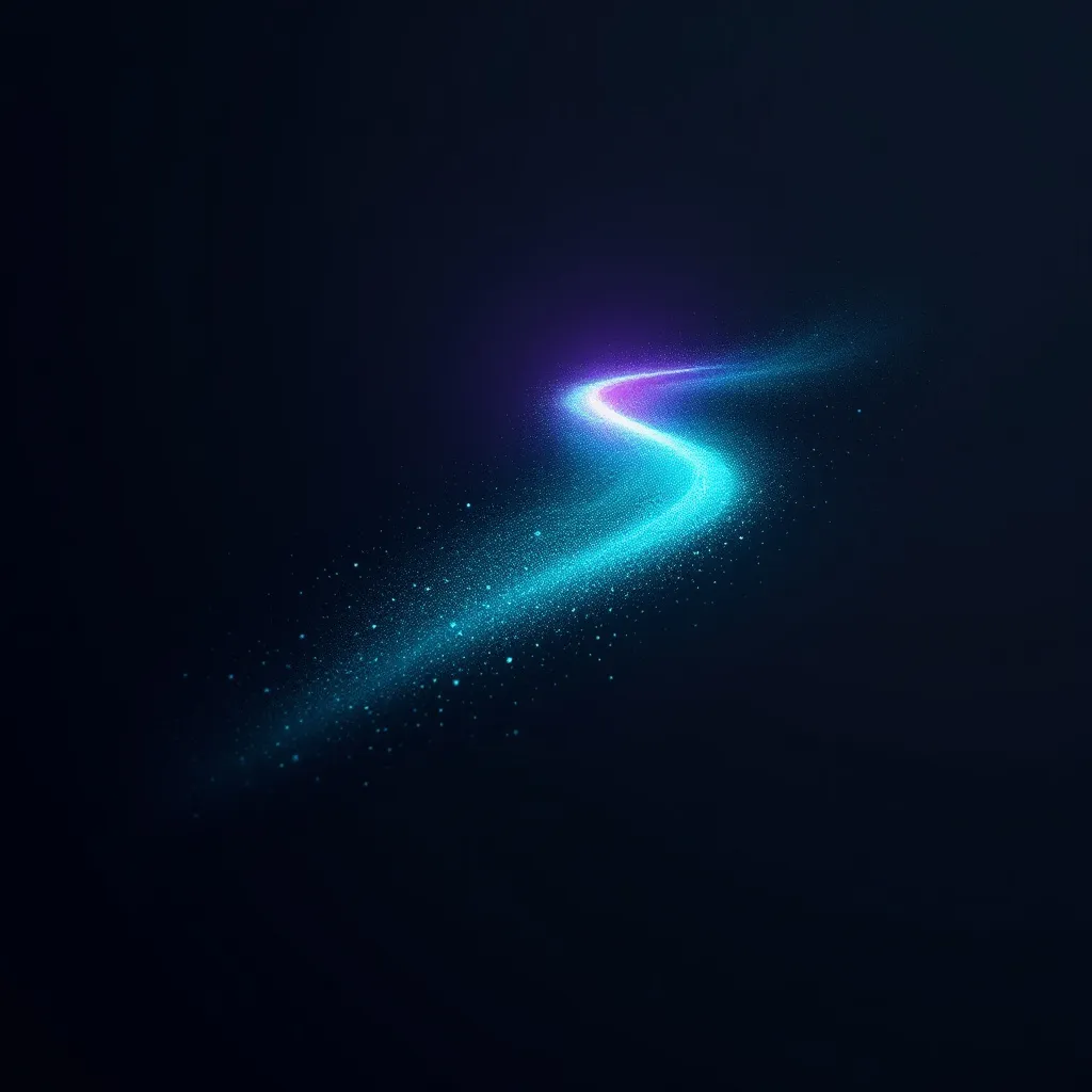 A glowing arrow shape made of cyan and purple light particles curves diagonally across a dark background