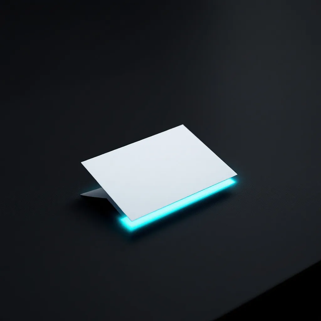 A white rectangular tablet tilted at an angle with a glowing cyan edge against a dark background
