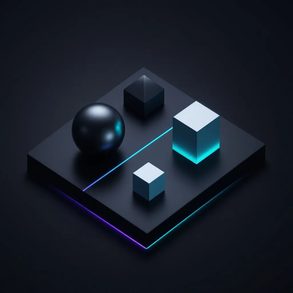 A dark platform displays a glossy black sphere on the left connected by a glowing cyan line to three geometric cubes of varying sizes on the